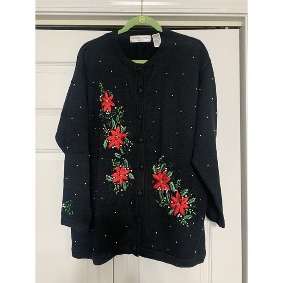 Vintage Victoria Jones Woman Christmas Poinsettia Sweater Cardigan 1X - Picture 1 of 8